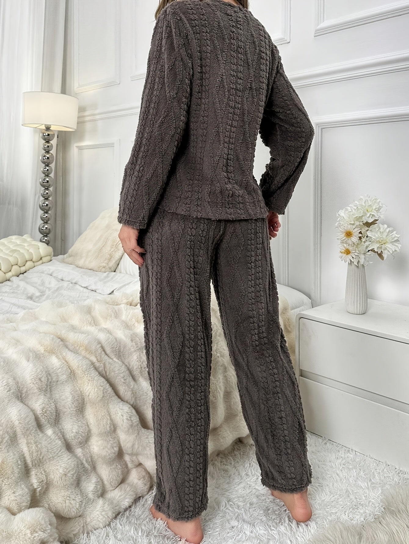 Women's Velvet Pajama Set with Bear Embroidery for Winter, Long Sleeve and Pants
