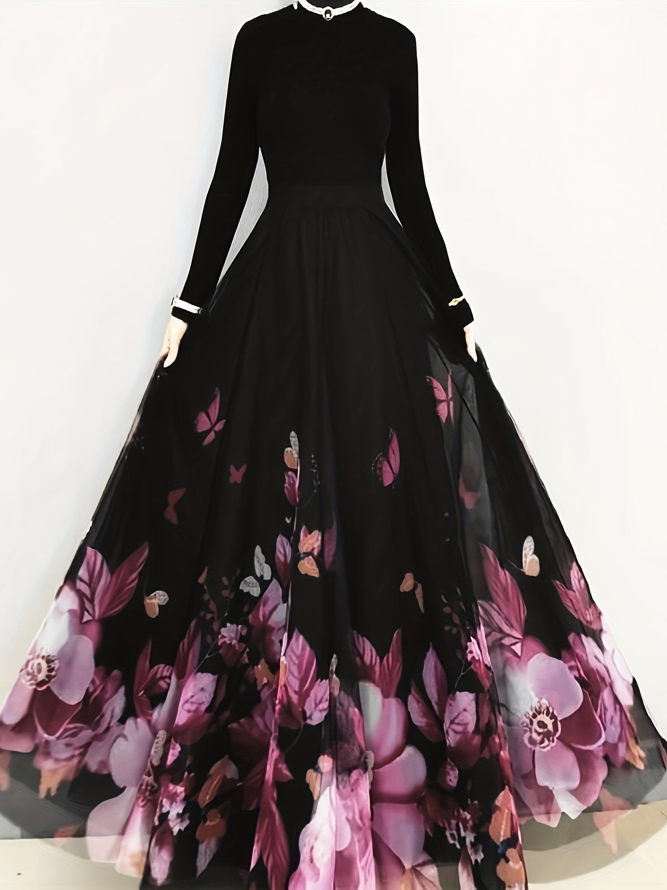 Women's Maxi Skirt with Floral and Butterfly Print Ruffle Hem Polyester All-Season