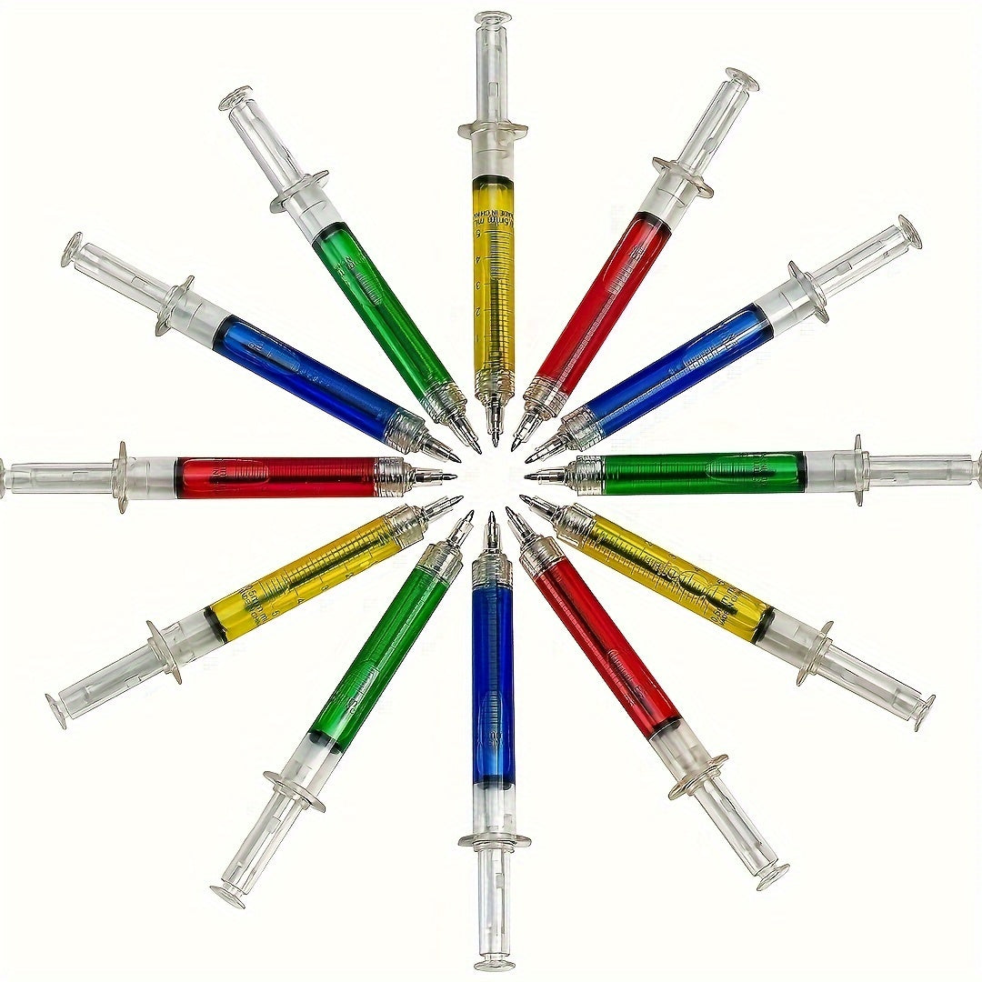Syringe-Shaped Ballpoint Pens Set of 8 or 12 Plastic Retractable for School and Office