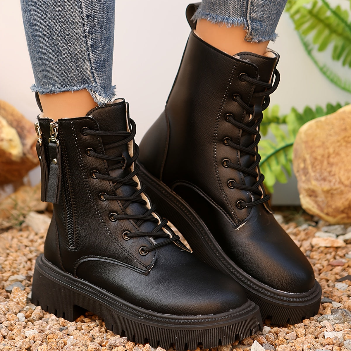 Women Casual Ankle Boots Leather Thick Sole Warm Winter Short Shoes