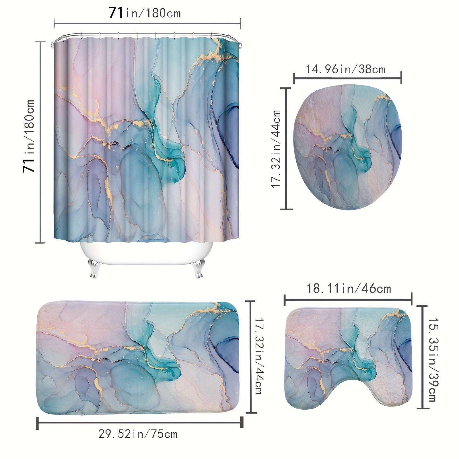 Colorful Marble Shower Curtain Set Waterproof with 12 Hooks Non-Slip Bath Mat Toilet Cover and U-Shaped Rug