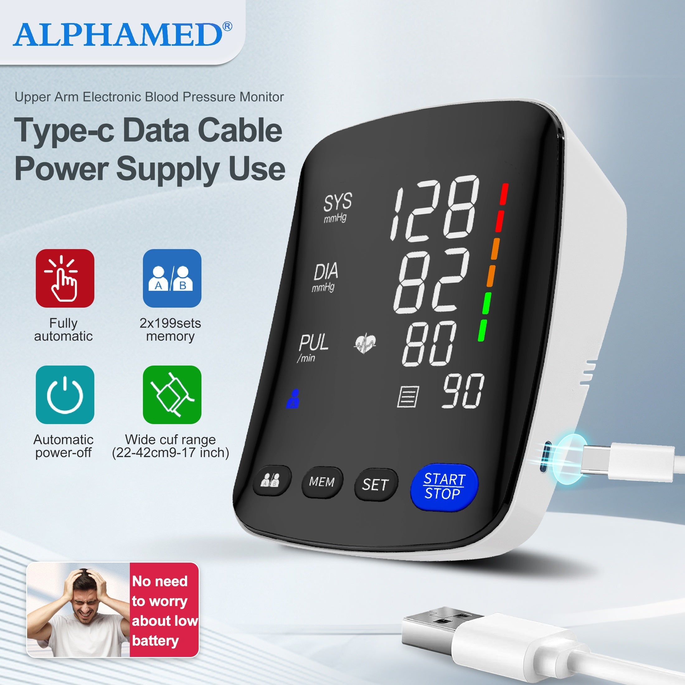 High-End LED Curved Screen Blood Pressure Monitor with Memory and Automatic Cuff