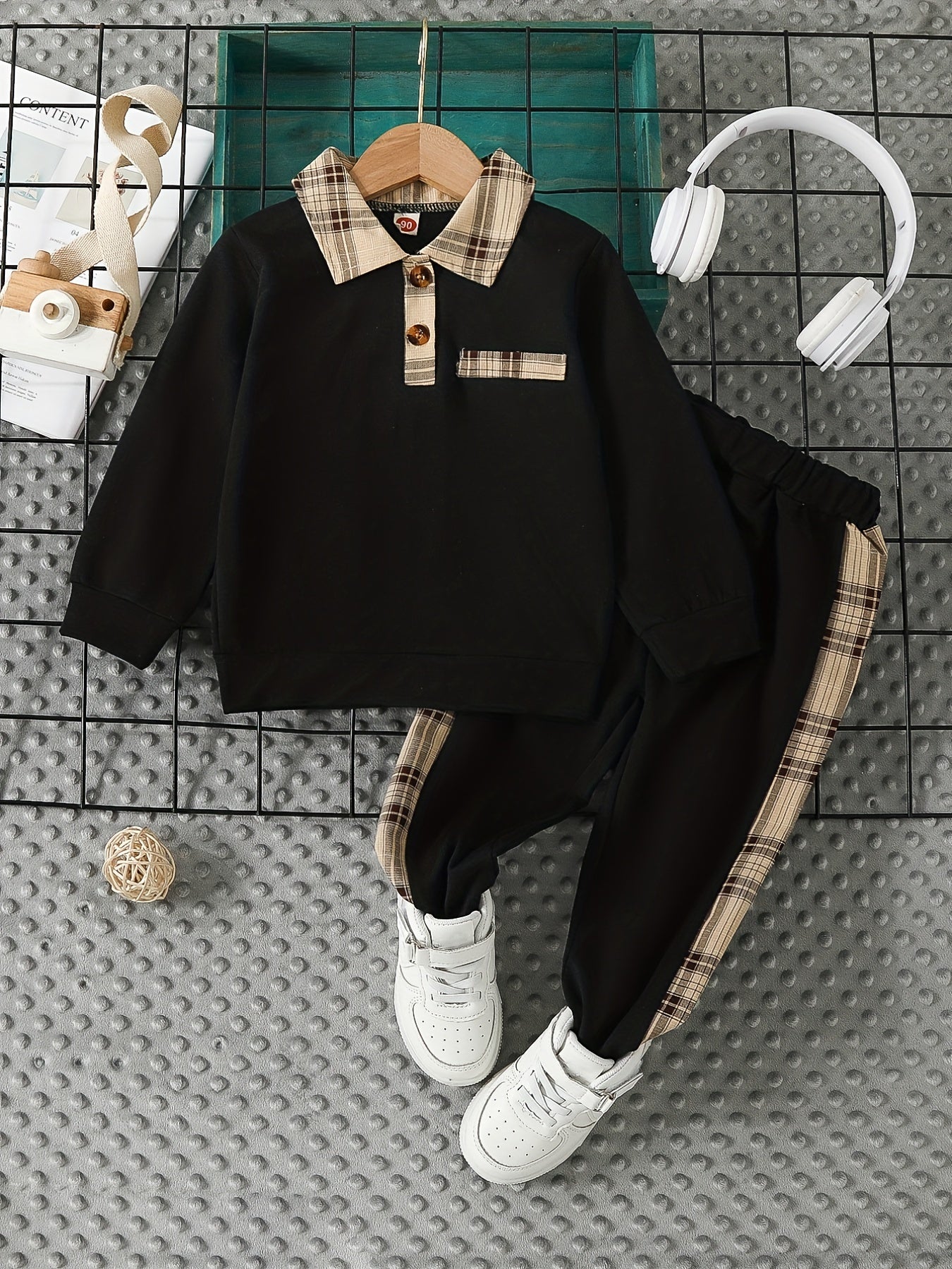 Boys Kids Polo Set Long Sleeve Plaid Collar Sweater and Color-Blocked Plaid Pants Fall Winter
