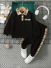 Boys Kids Polo Set Long Sleeve Plaid Collar Sweater and Color-Blocked Plaid Pants Fall Winter