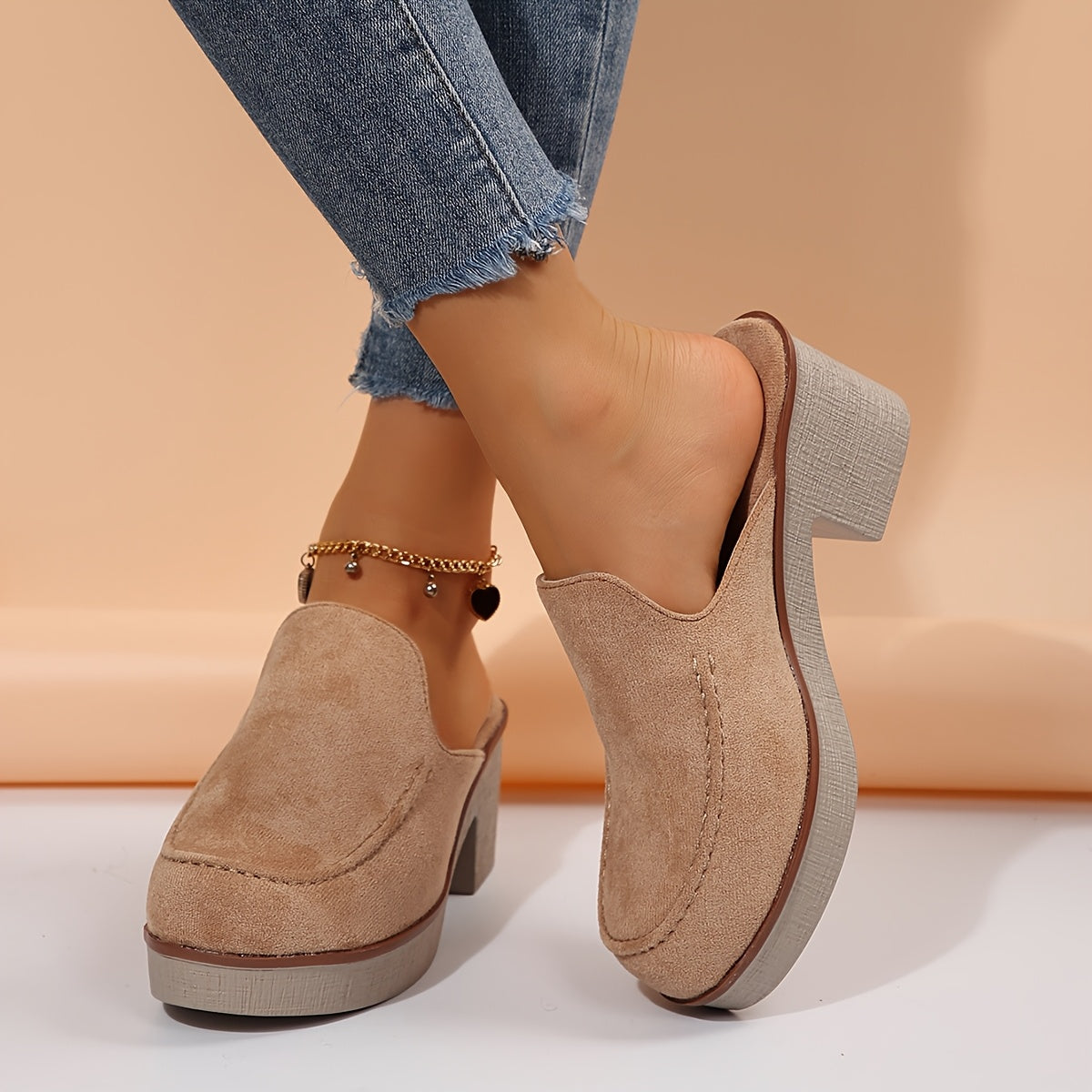 Women's Slip-On Loafers Two-Tone Block Heel Shoes Solid Color Comfortable