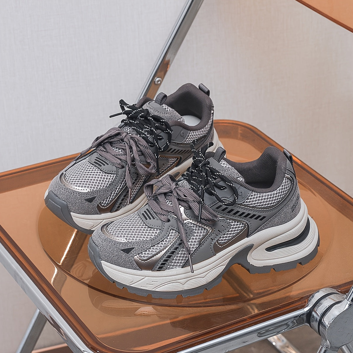 Women's Breathable Mesh PU Cover Low-Top Sneakers Casual Shoes Grey Black