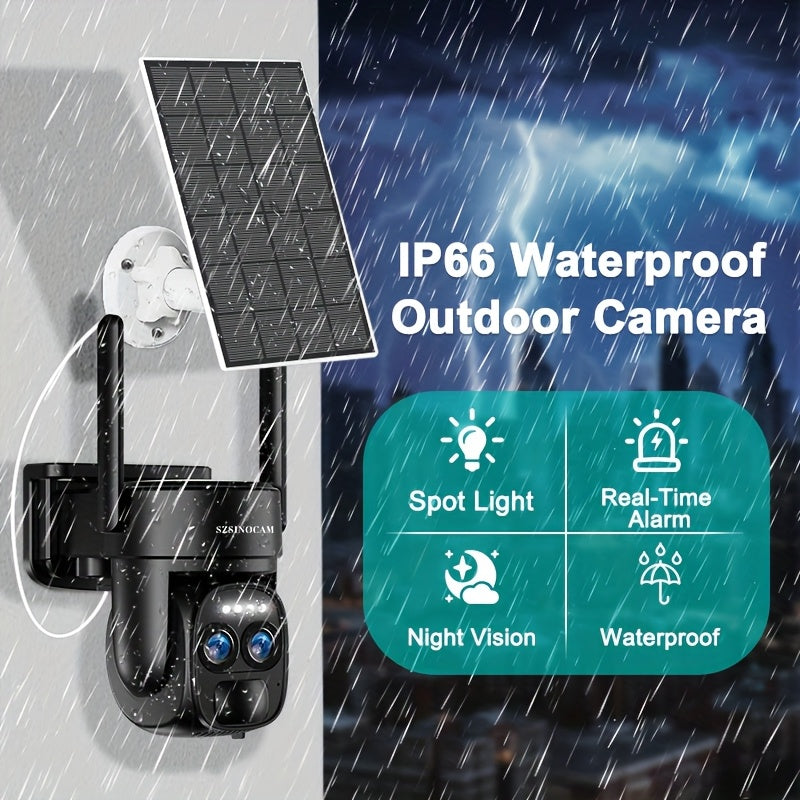 SZSINOCAM quyosh energiyasidan ishlaydigan xavfsizlik kamerasi, ikki linzali, 8X zoom, 360° pan-tilt, ikki tomonlama audio, yoritgich va sirena, PIR harakatni aniqlash, tashqi kuzatuv uchun ob-havoga chidamli dizayn.