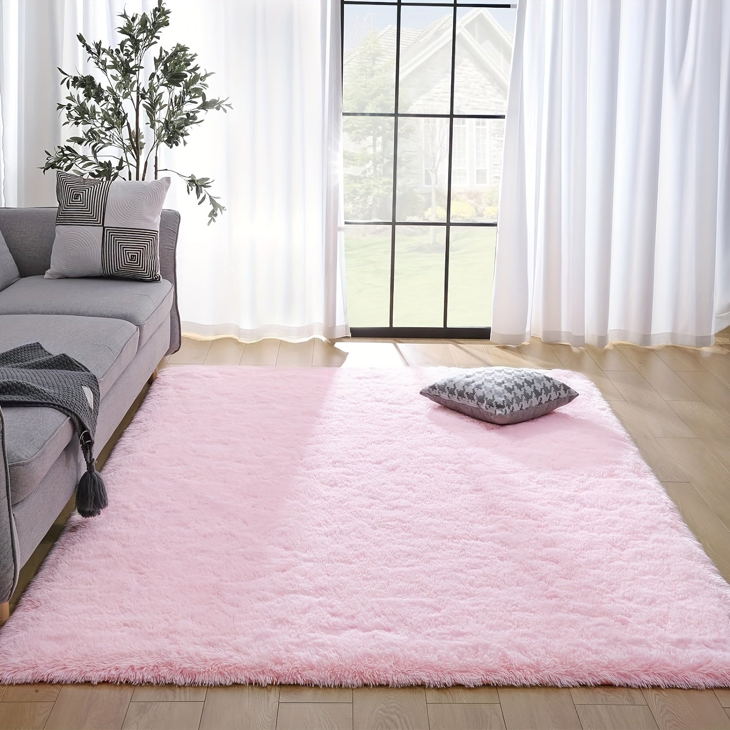 Pink Plush Area Rug Soft Warm Non-Slip Durable Bedroom Living Room Decoration