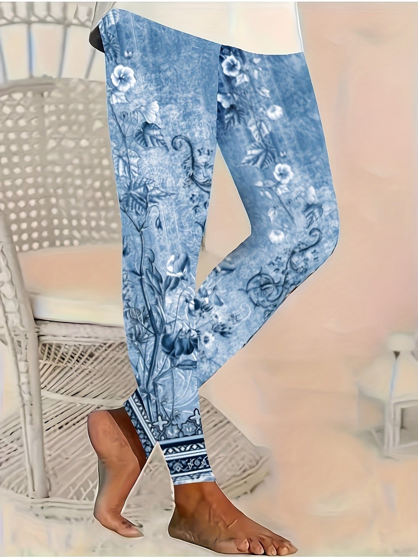 Women's Plus Size Floral Print Stretch Leggings Comfortable Polyester Blue Gray