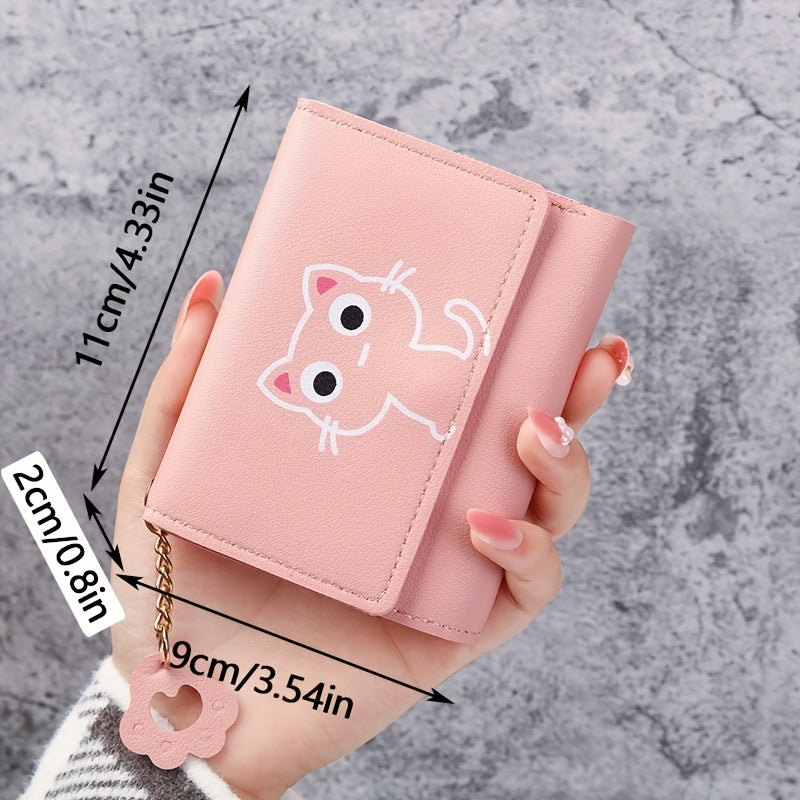 Girls' Faux Leather Pink Cat Tri-Fold Wallet with Keychain Stain-Resistant Lightweight Compact Coin Purse
