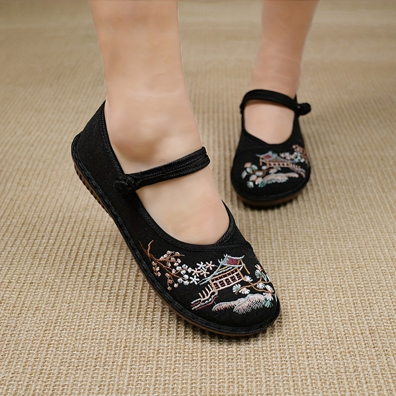 Zapatos de tela planos con bordado para mujer, slip-on, para uso diario