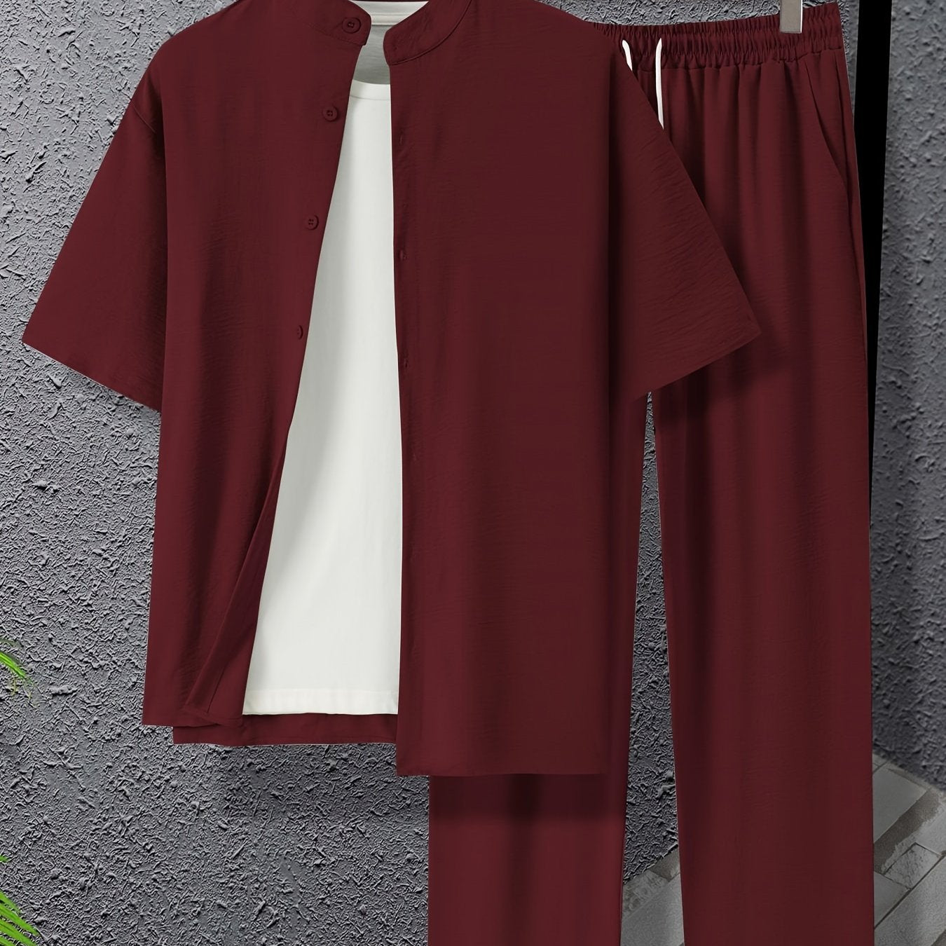 Conjunto de camisa de botones con cuello band y pantalones con cordón de talla grande para hombres, ideal para deportes y ocio