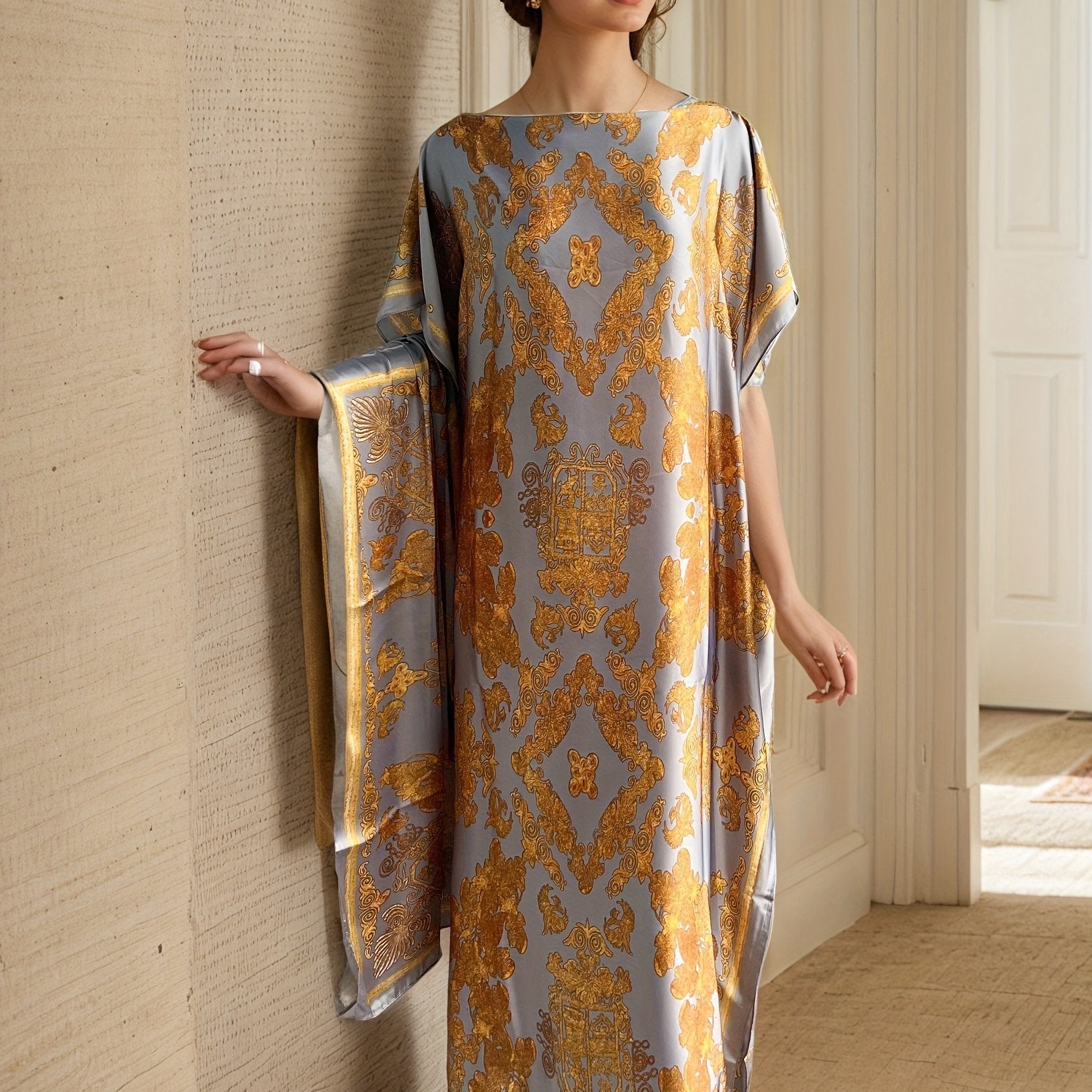 Plus Size Women's Gray Gold Baroque Abaya Dress with Scarf Loose Fit Long Dress