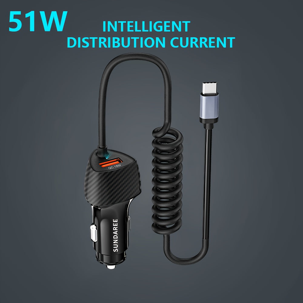 USB C Car Charger 51W Fast Charging PD QC3.0 with Coiled Cable for Android Devices