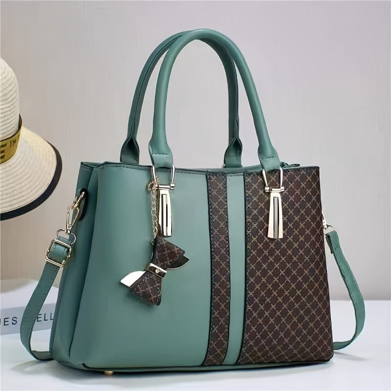 Women's Tote Bag with Plaid Pattern PU Zipper Closure Large Capacity in Khaki Green Black