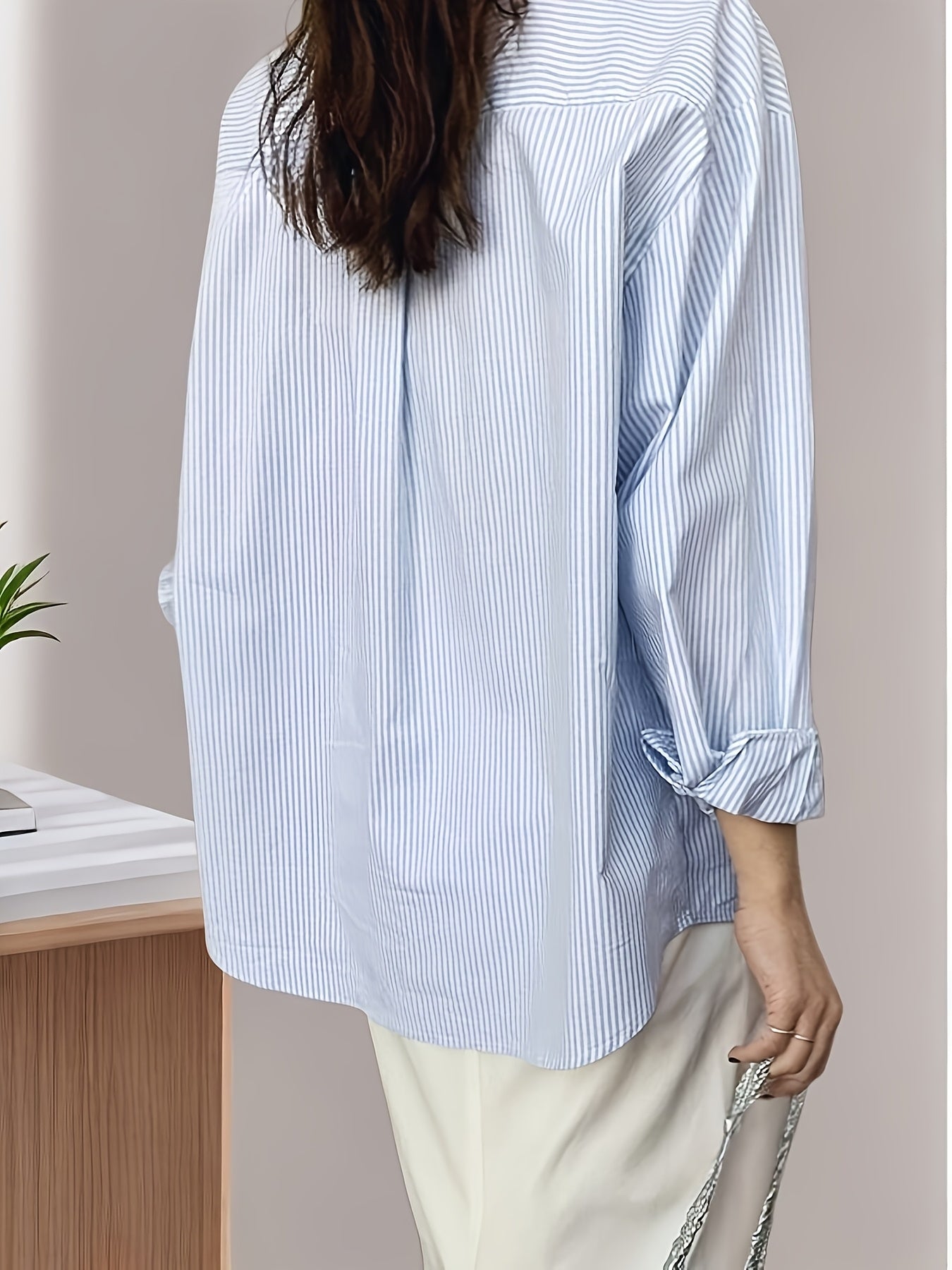 Women's Striped Polyester Shirt with Front Buttons and Polo Collar for Spring Summer