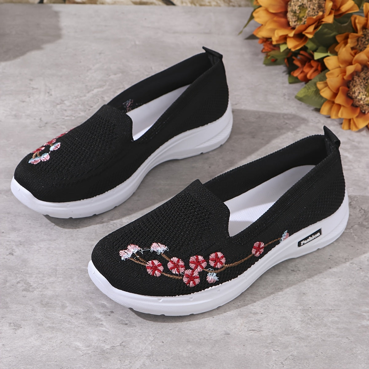 Women's Light Blue Slip-On Sneakers with Floral Embroidery for Summer Walks