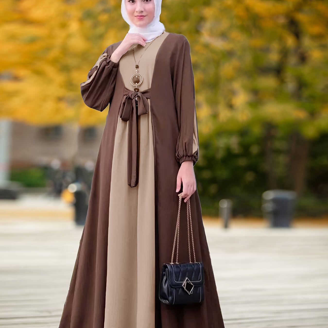 Women's Ramadan Color Block Tie Front Maxi Kaftan Dress Long Sleeve Polyester