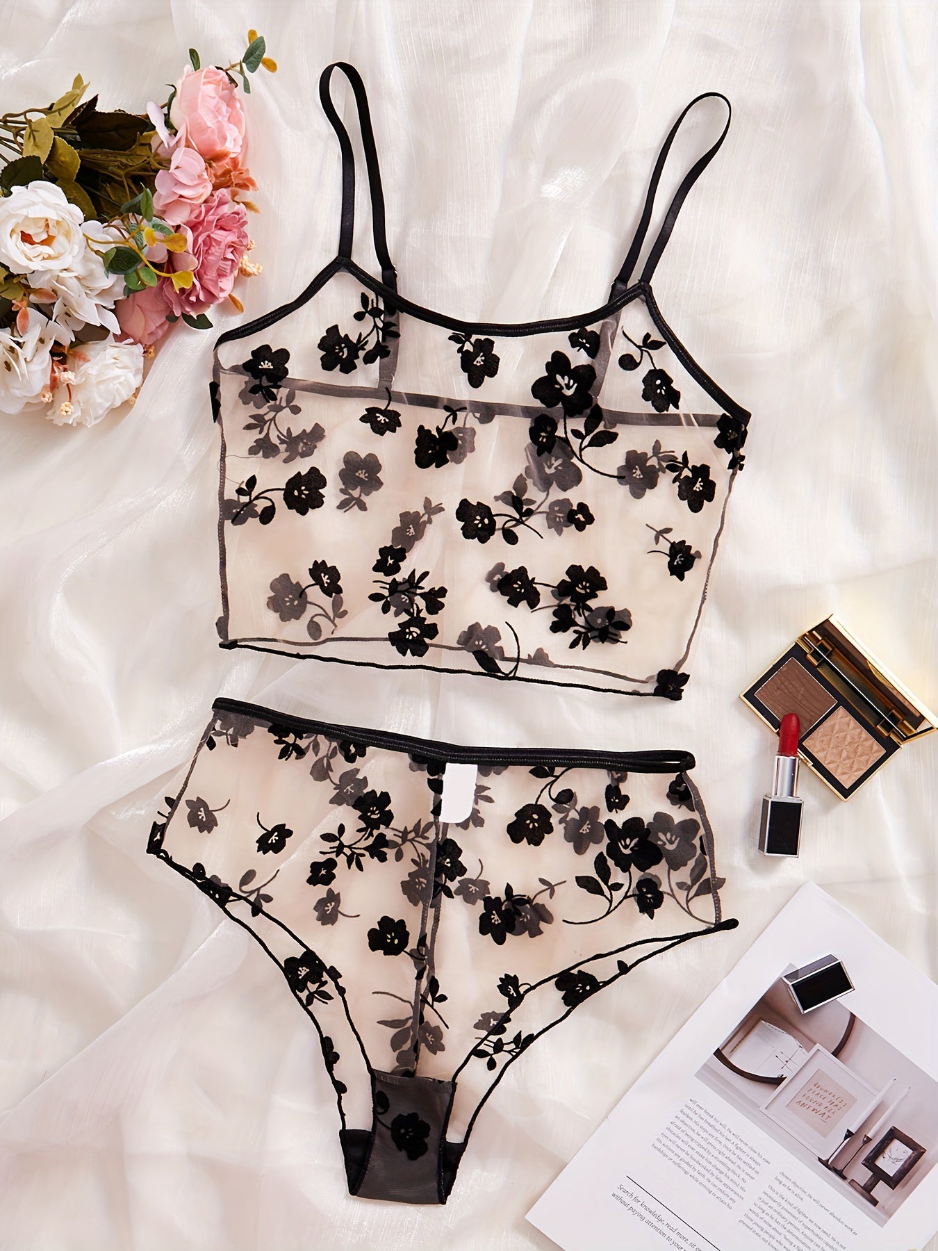 Women's Black Mesh Garter Bra Set with Pure Desire Print