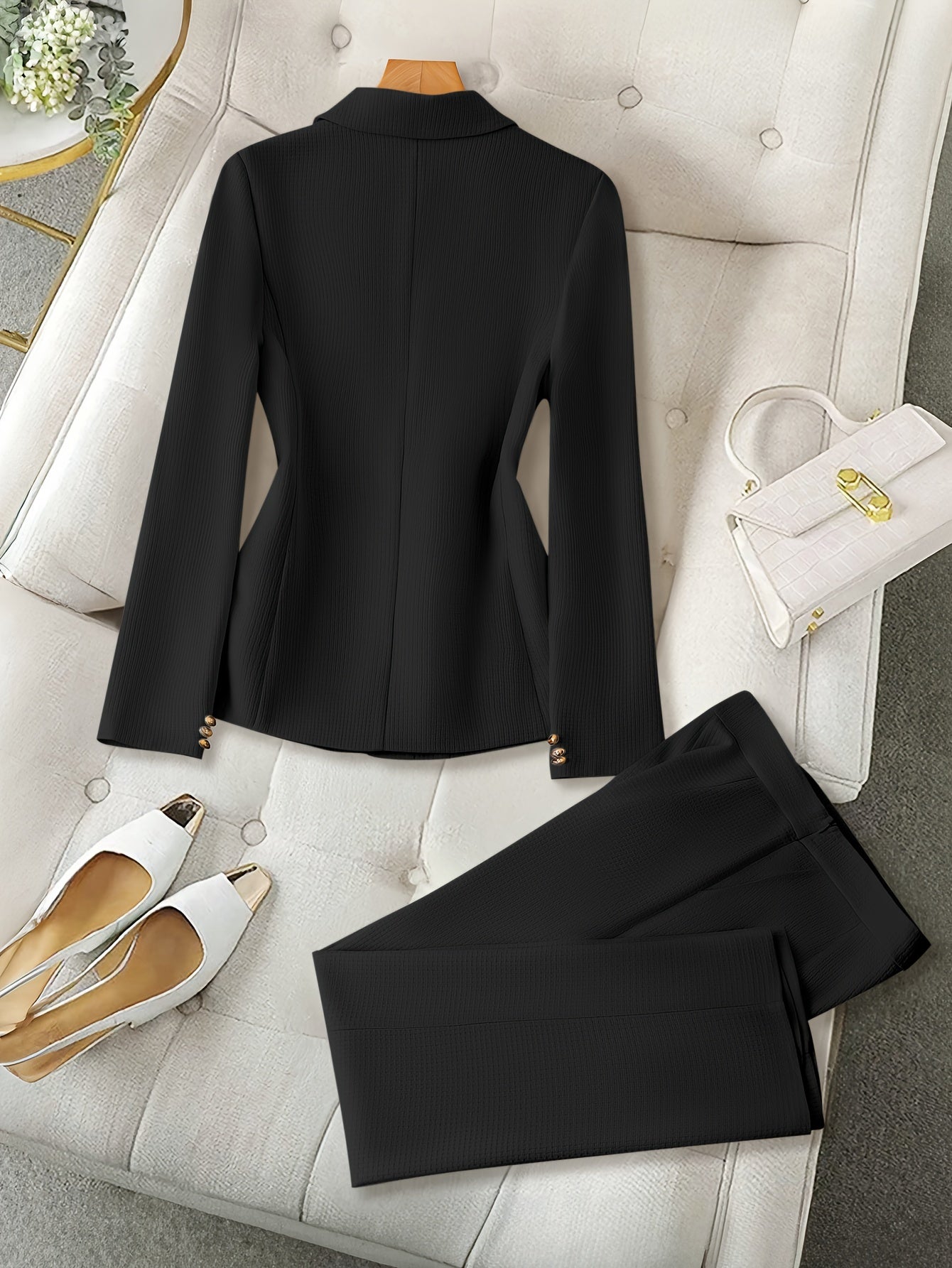 Women's Solid Color Woven Polyester Blazer and Pants Set for Fall Winter