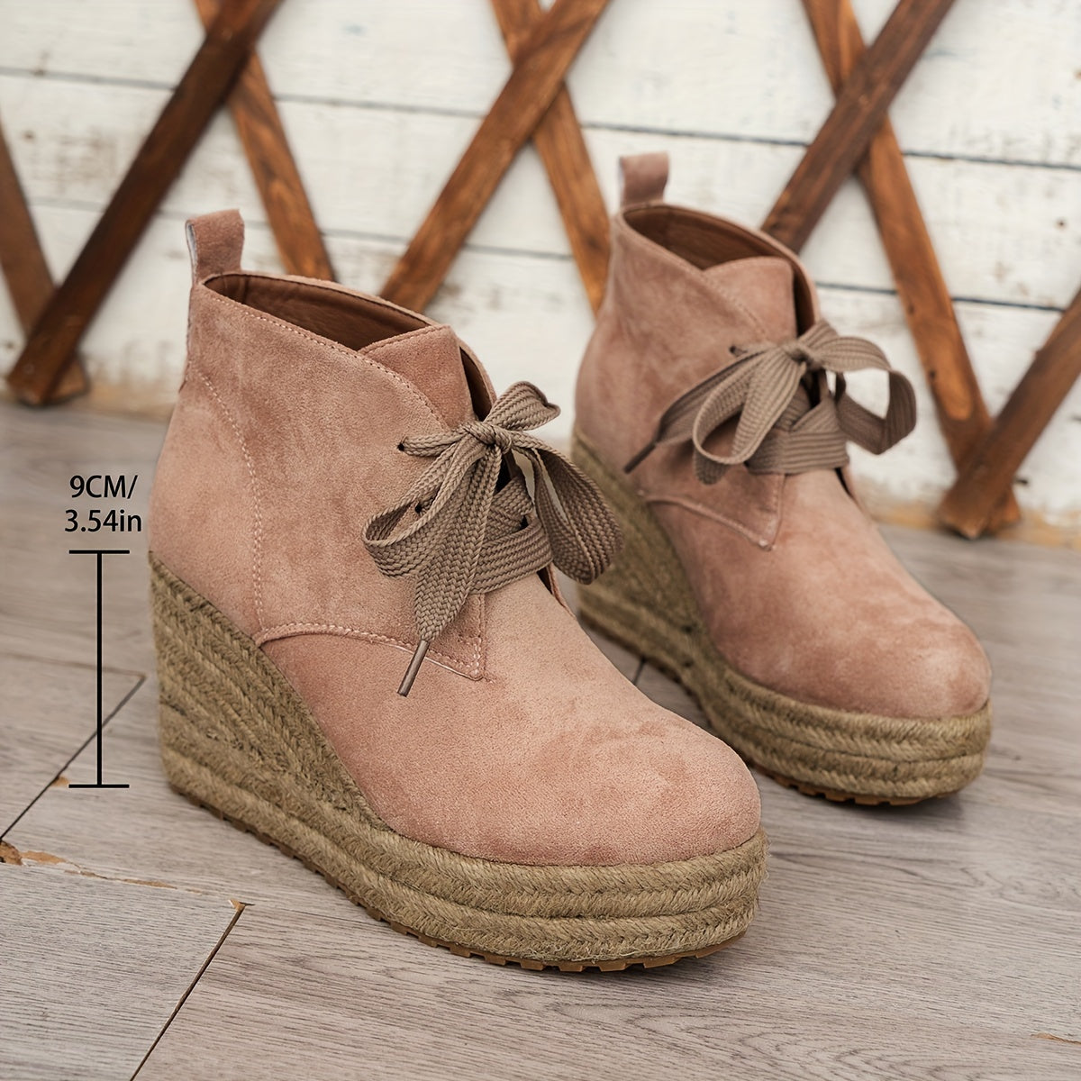 Women's Casual Lace-Up Ankle Boots with Woven Jute Platform Heel