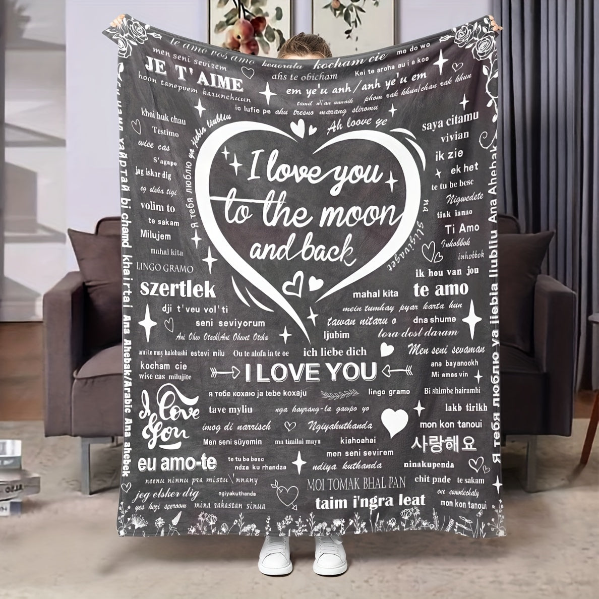 Soft Knitted Polyester Throw Blanket with I Love You to the Moon and Back Design for Cozy Snuggling
