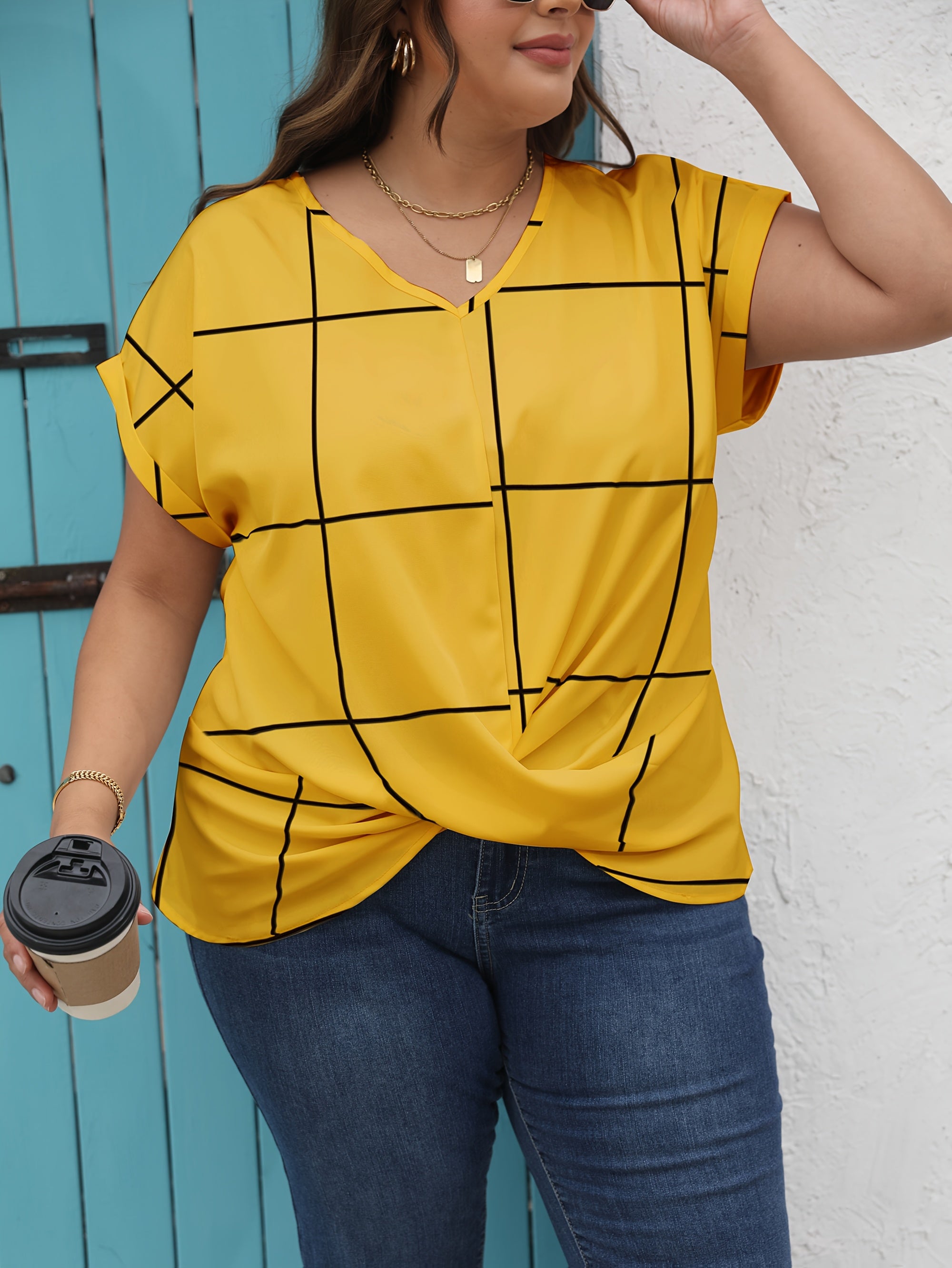 Plus Size Women's V-Neck Blouse Twist Front Lightweight Casual Top Yellow