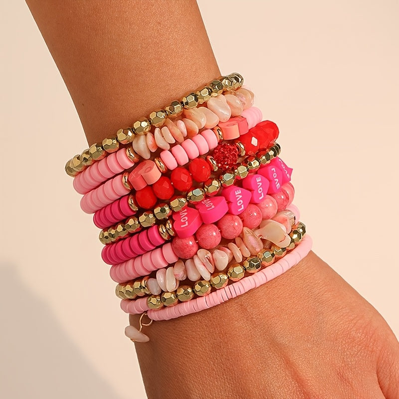 Multi-Layer Boho Chic Bracelet with Pink Heart Faux Stone Beads for Women