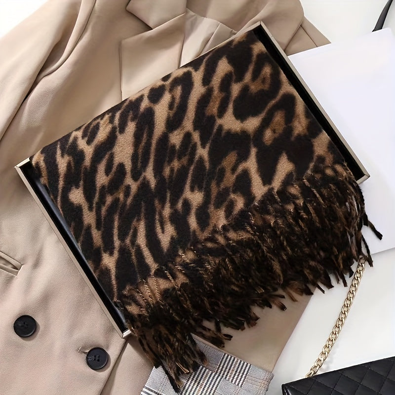 Leopard Print Faux Fur Scarf for Women Winter Cashmere Feel Tassels Warm Accessory