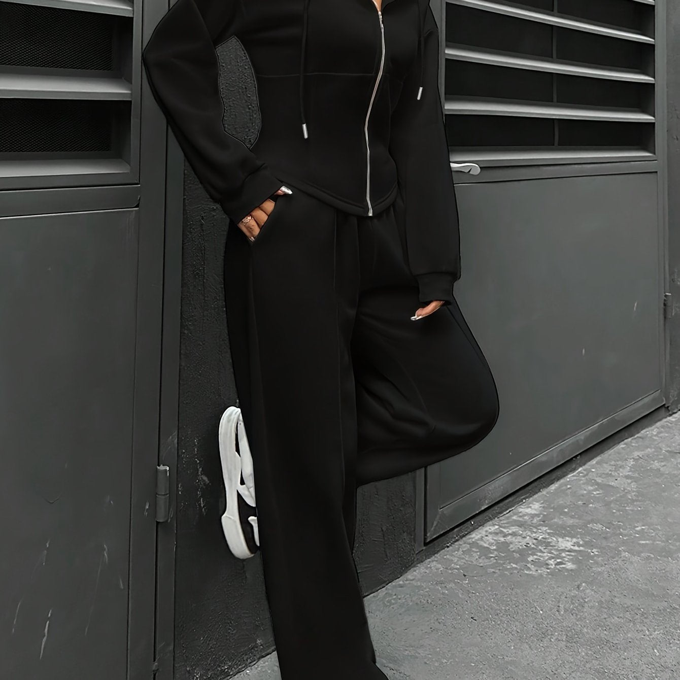 Women's Polyester Tracksuit Set Hooded Drawstring Zipper Solid Color All Seasons