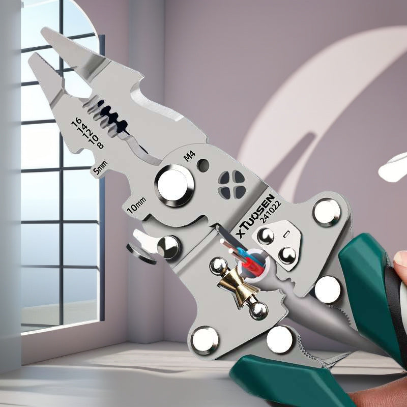 Tuosen sanoat darajasidagi simlarni qirqish asbobi yuqori uglerodli po'latdan tayyorlangan bo'lib, ko'p funksiyali burama vint dizayni va egiluvchan kauchuk bilan qoplangan tutqichga ega. Shuningdek, u bo'linadigan pullyga ega.