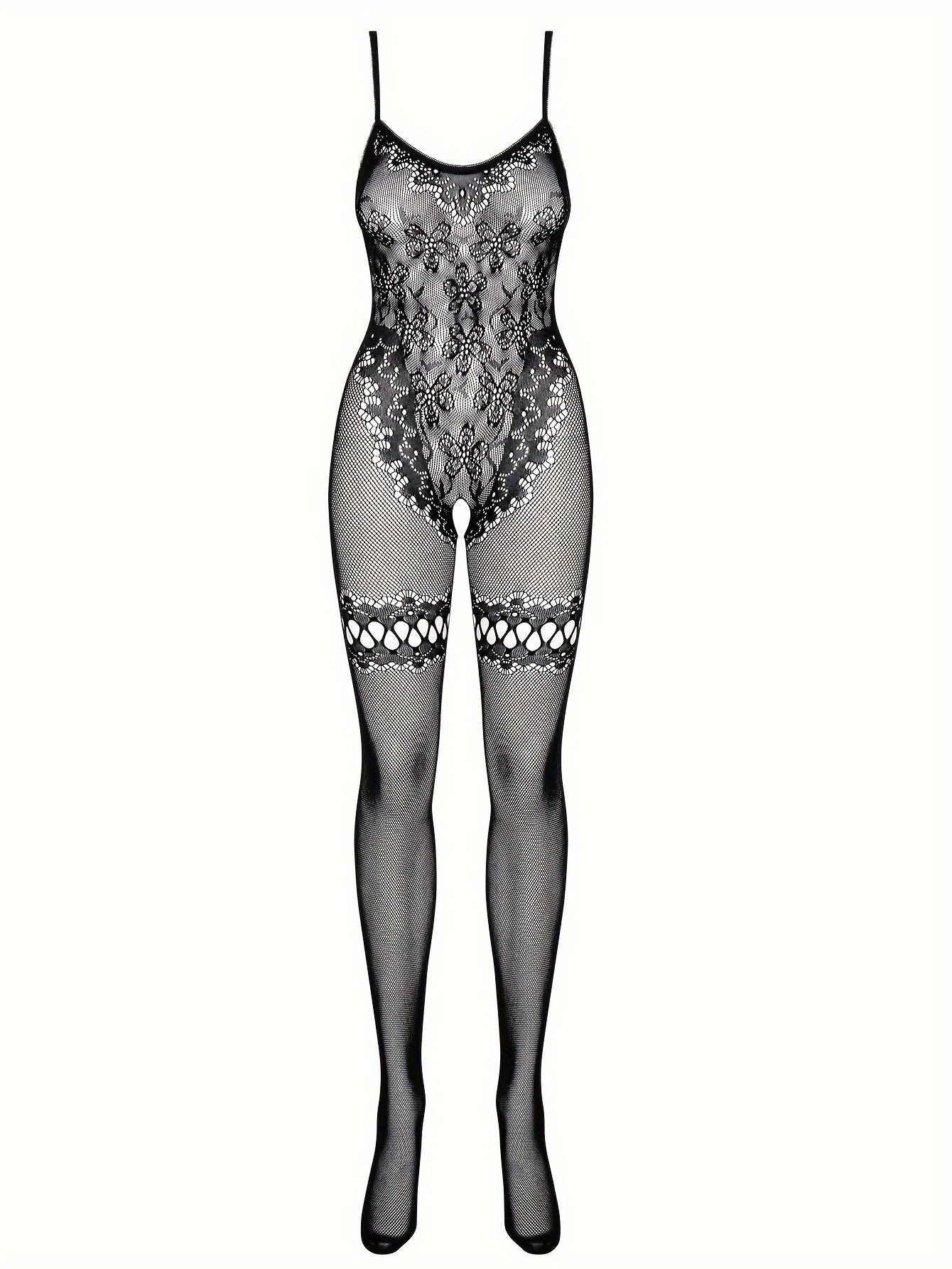 Sheer Lace Bodysuit for Women Open Crotch Floral Pattern Nylon Elastane Beachwear Festival Wear