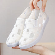 Women's Breathable Slip-On Sneakers, White Casual Shoes with Checkered Pattern