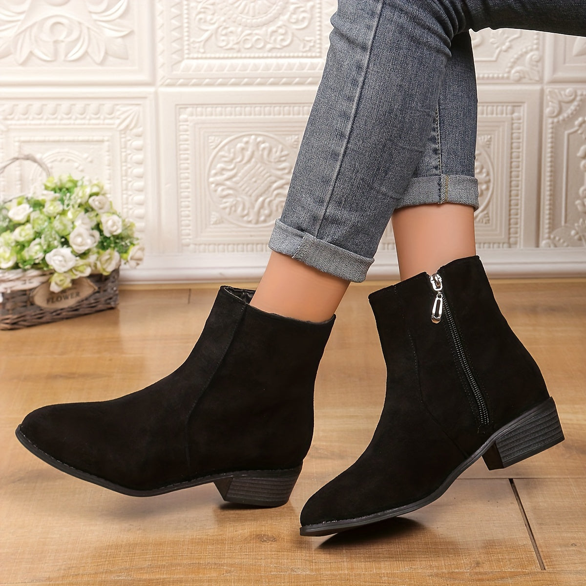 Women's Zipper Booties Retro Coarse Heel Leather Ankle Boots