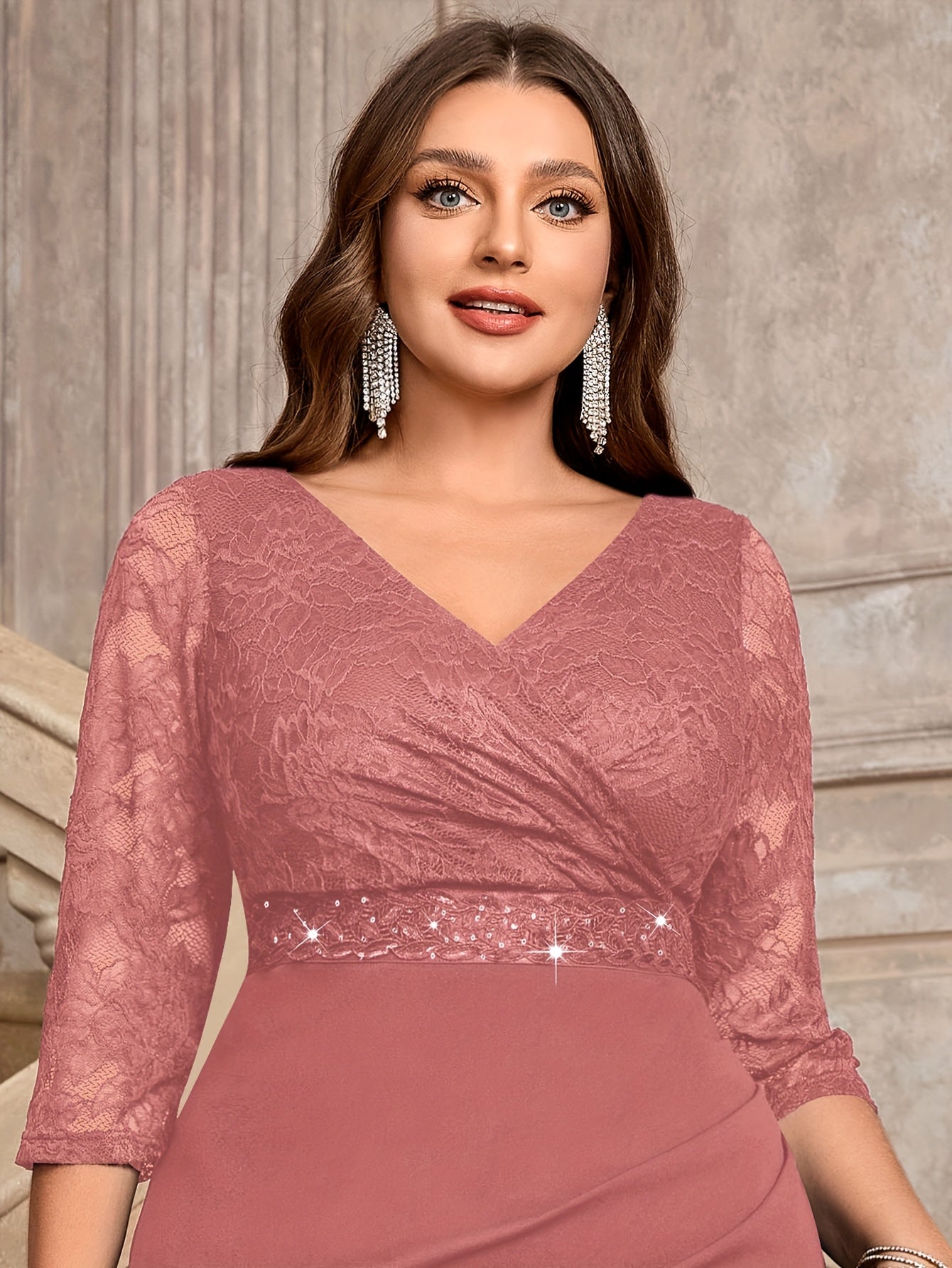 Vestido ajustado de encaje floral con escote en V para mujer de tallas grandes, ropa de cóctel y noche