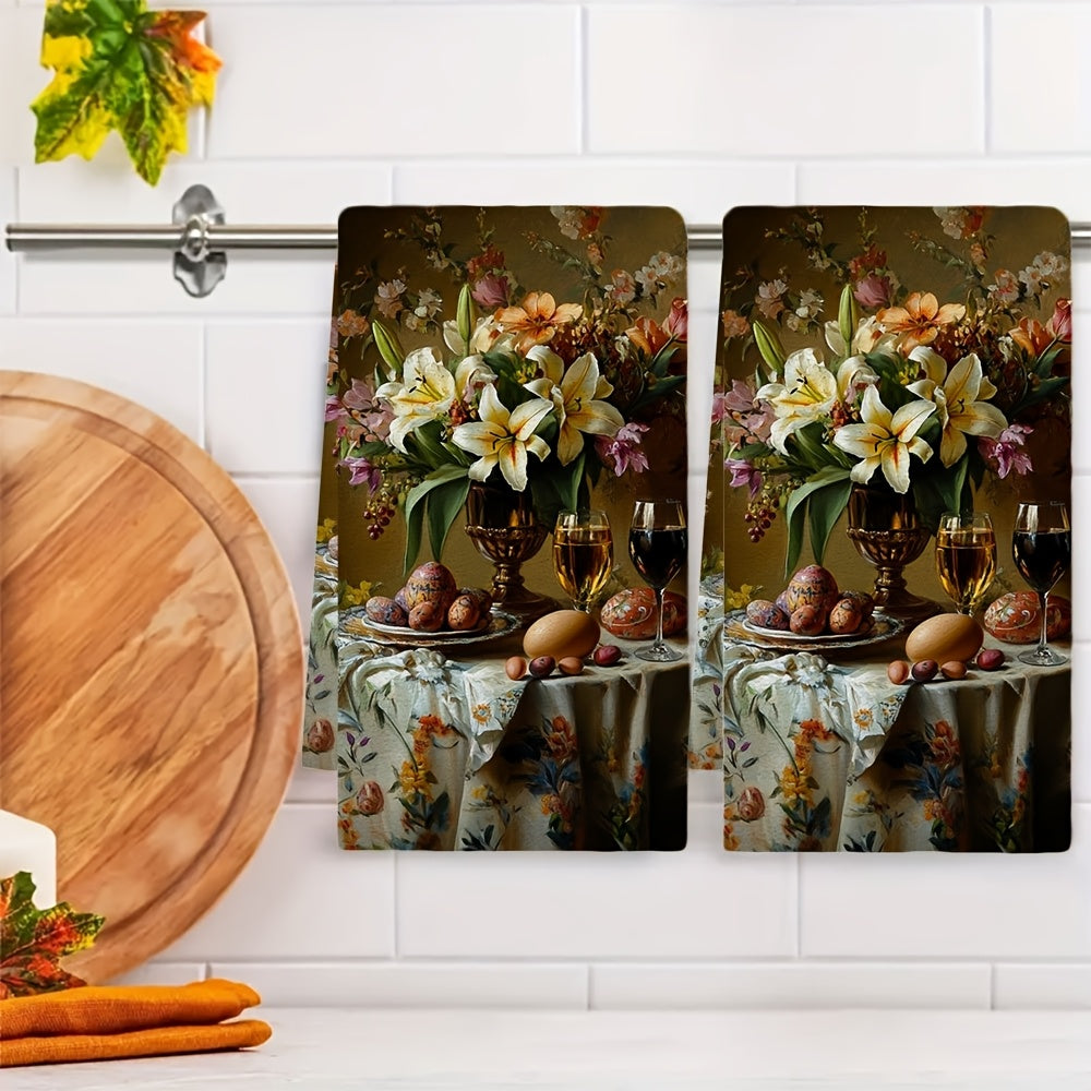 Set of 2 Ultra Soft Kitchen Towels 16x24 Inches Easter Lilies Tulips Absorbent