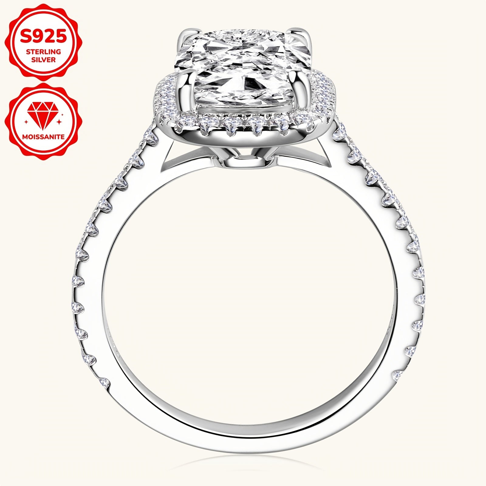 Zarif 4CT Moissanite To'y Halqasi - AQSh 10 o'lcham, VVS1 aniqlik, D-E rang, 925 sterling kumush, halo olmos o'rnatilishi va kubik zirkoniya yon toshlari, yuqori porloq, to'ylar va yubileylarga ideal.
