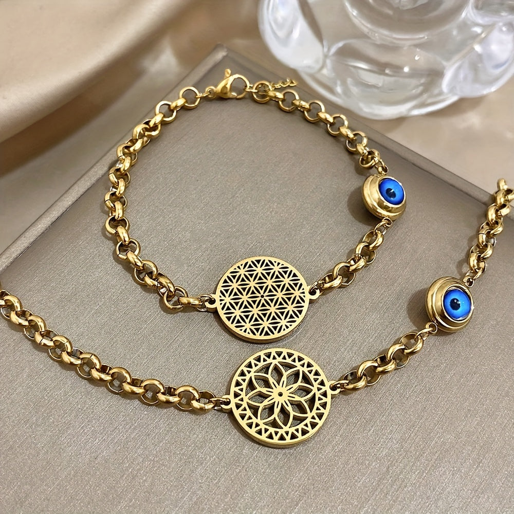 Golden Stainless Steel Bracelet with Evil Eye and Flower of Life Design for Women