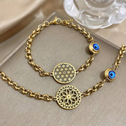Golden Stainless Steel Bracelet with Evil Eye and Flower of Life Design for Women