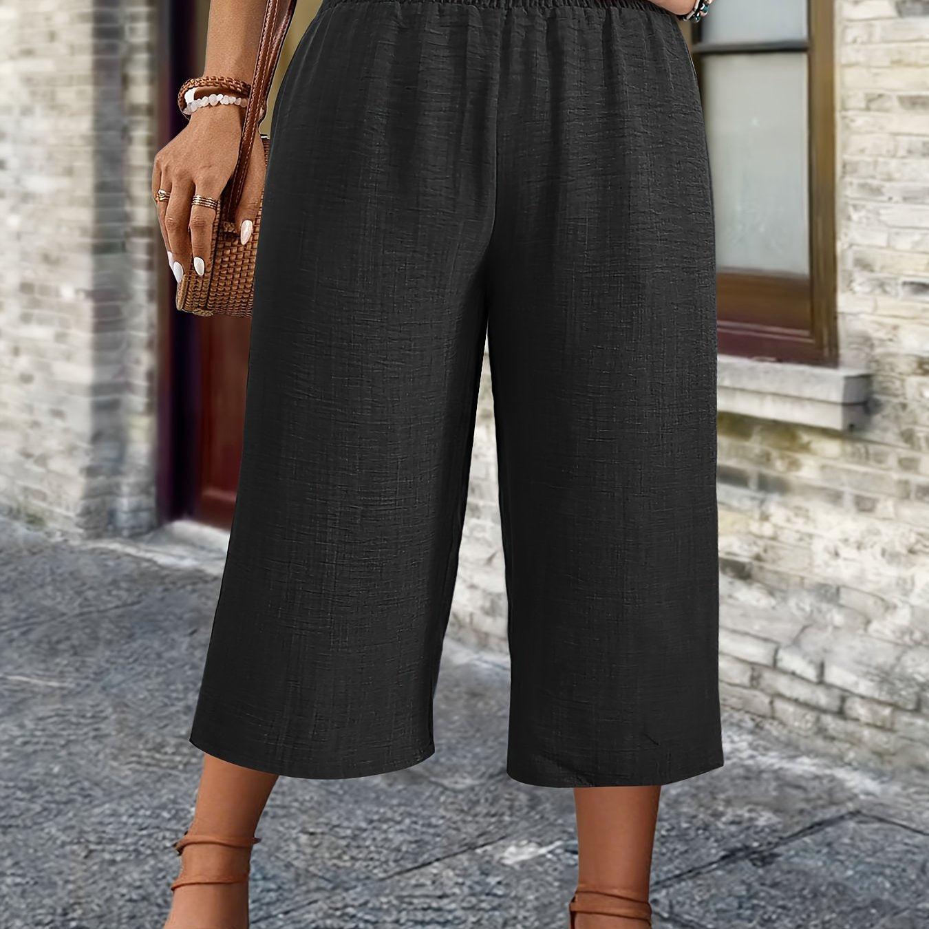 Pantalones cortos de pierna recta de talla grande para mujer, de tiro alto, aspecto de mezclilla negro