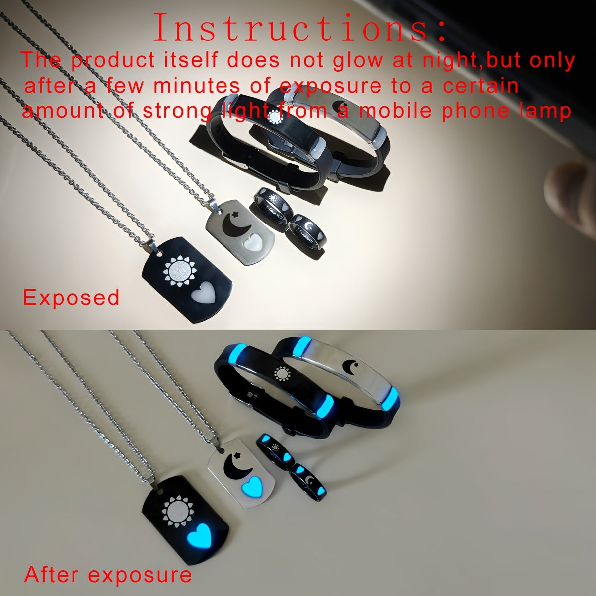 "Yorqin Sevgi, Yorqin Yurak va Yulduzli Noxush Po'lat Zargarlik Kolleksiyasi - 6 dona, juftliklar uchun marjon, bilaguzuk, uzuk - Ideal 14-fevral sovg'asi"