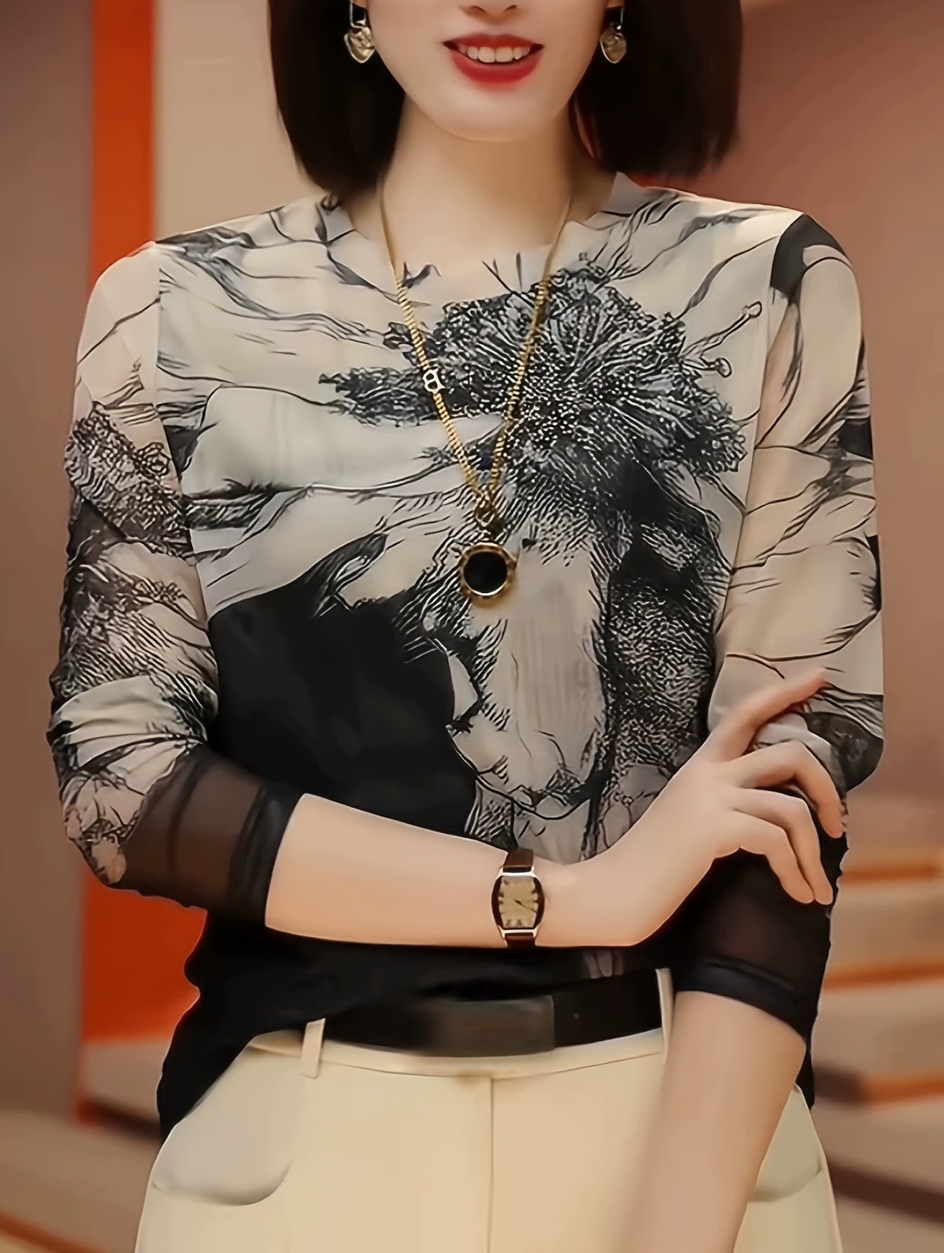 Women's Floral Print Lace Mesh Blouse with Long Sleeves and A-Line Fit