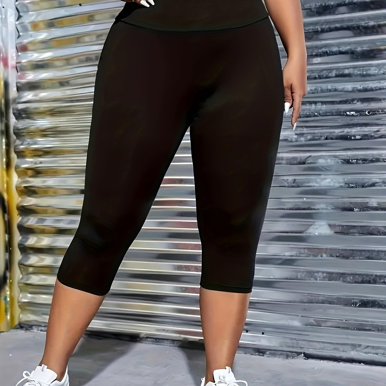 Plus Size Women's Solid Skinny Capri Leggings Casual Stretchy Pants