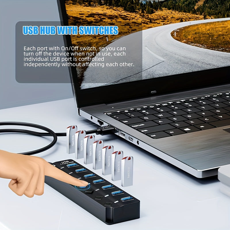 7-Port USB 3.0 Hub with LED Indicators and On/Off Switches Black Portable Data Transfer