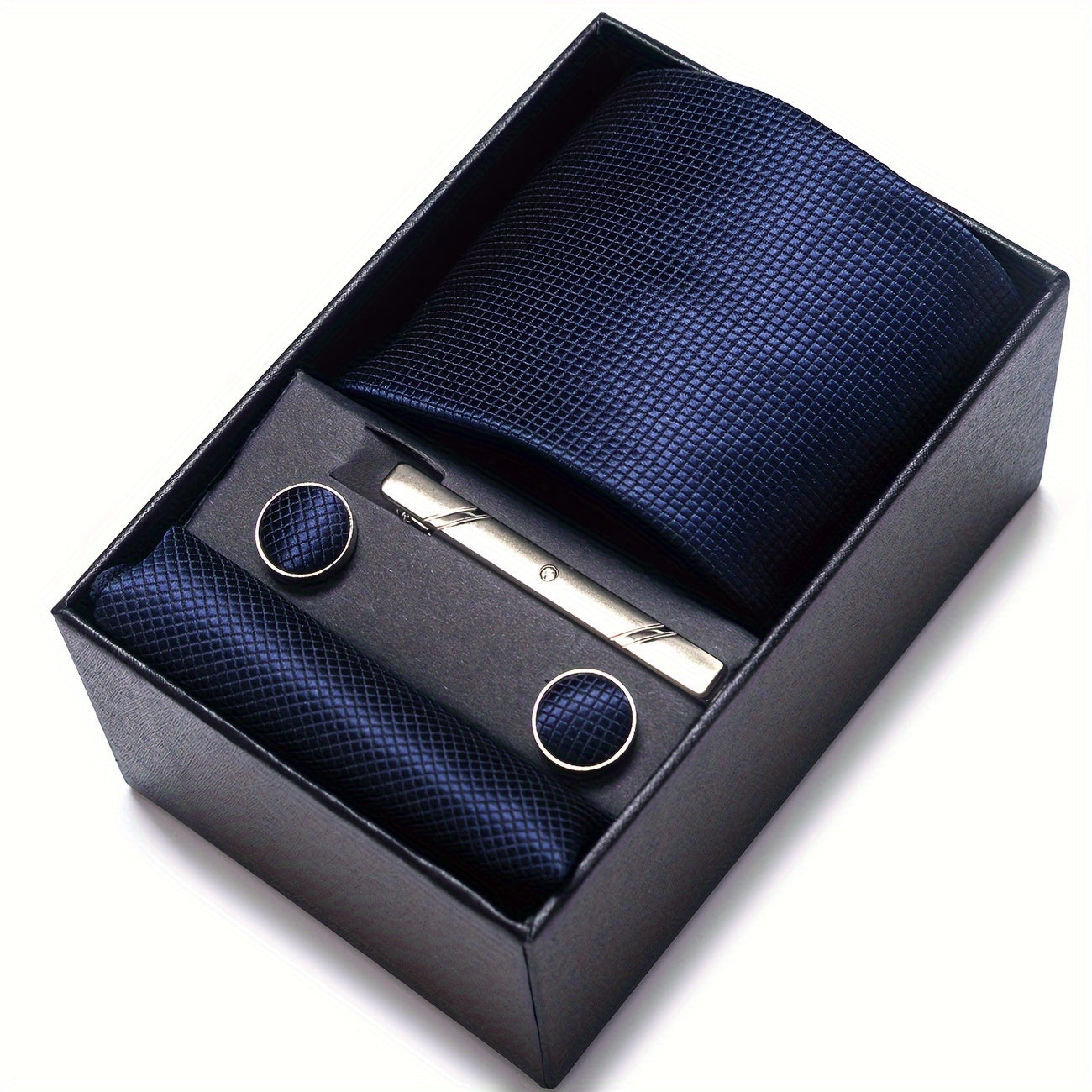 Men's Solid Color Tie Set with Square Cufflinks Gift Box for Wedding Business and Holiday