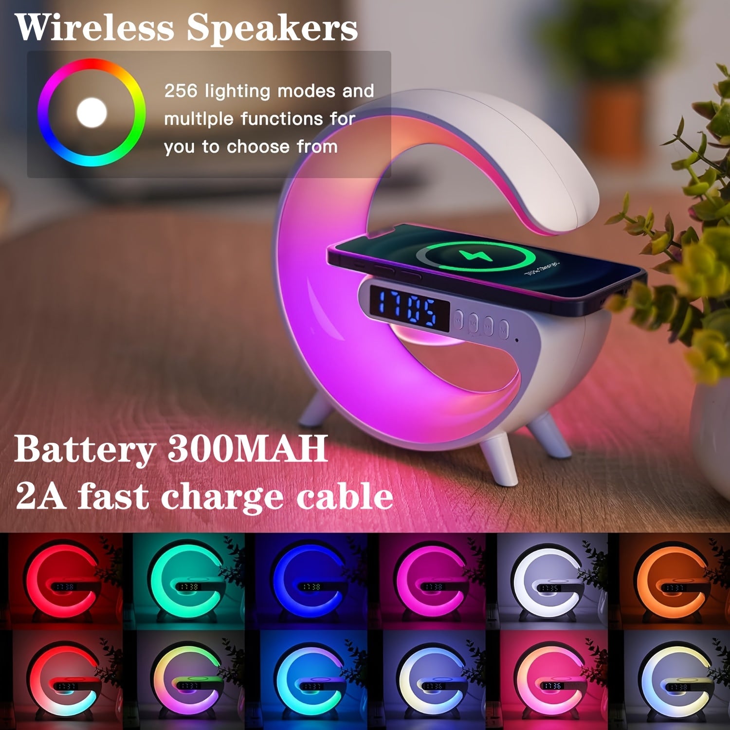 White Noise Smart Alarm Clock Wireless Charging Speaker Ambient Lamp USB Port