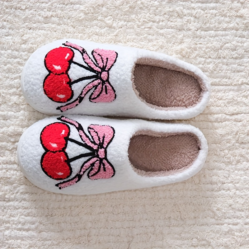 Unisex Plush Fluffy Slippers With Cherry Bowknot Pattern Indoor Fuzzy Shoes