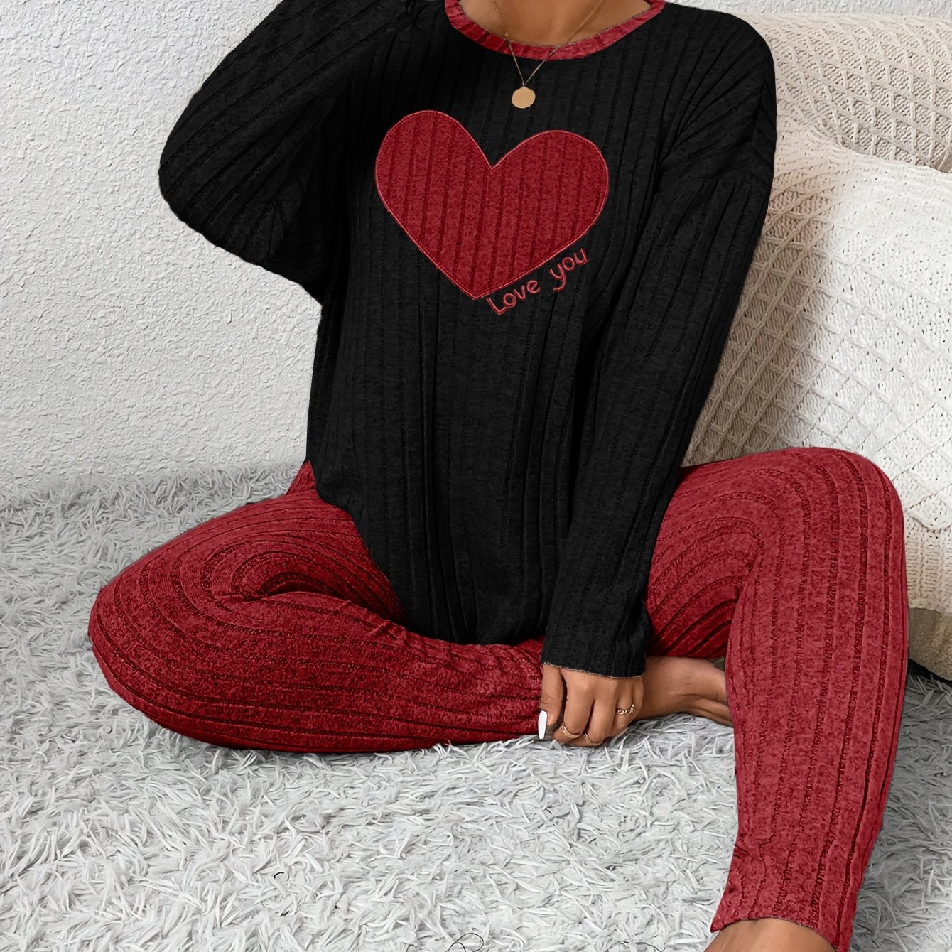 Plus Size Heart Fitted Long Sleeve and Long Pants Loungewear Set