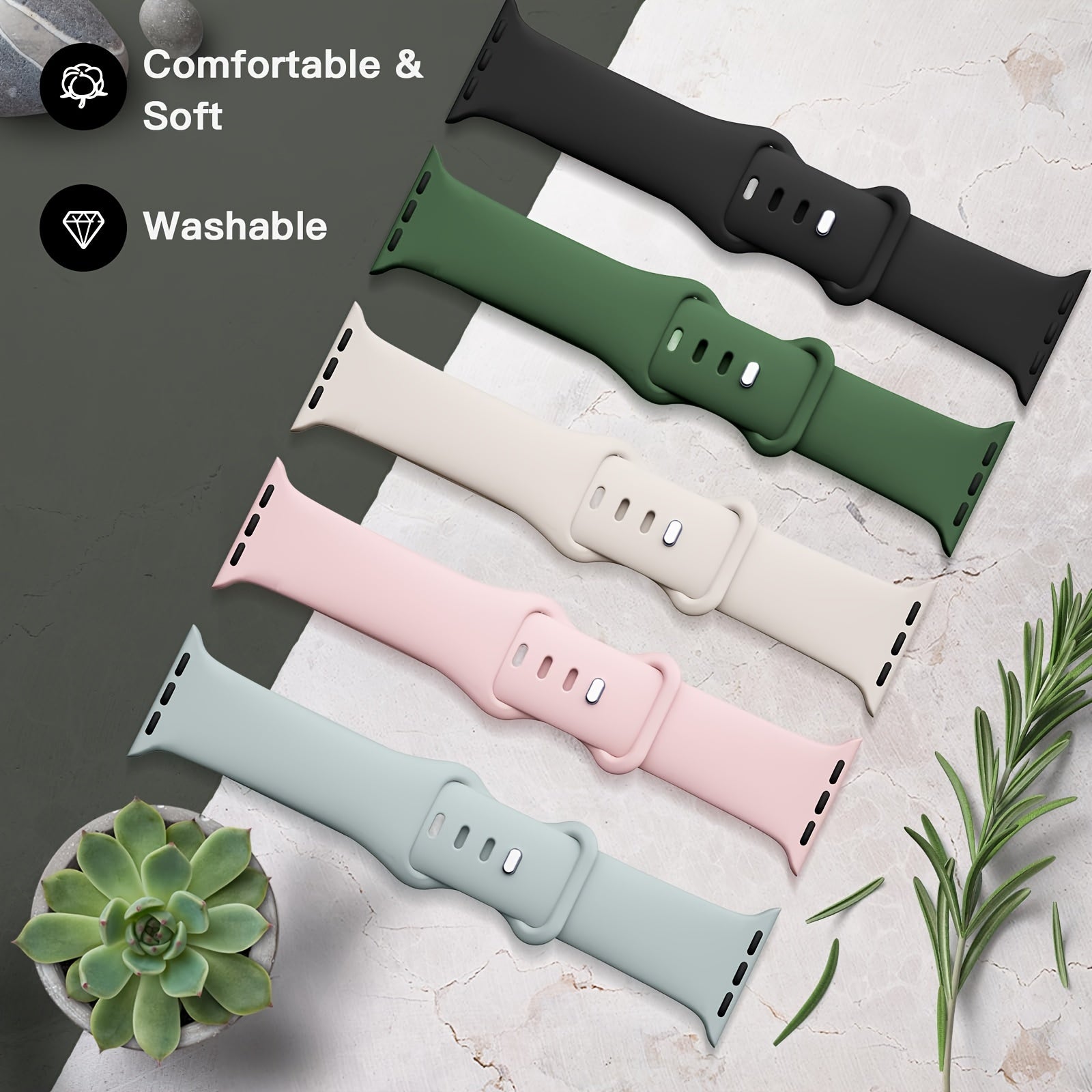 Set of 5 Waterproof Silicone Sport Bands for Apple Watch, Adjustable, Compatible with 38mm to 49mm