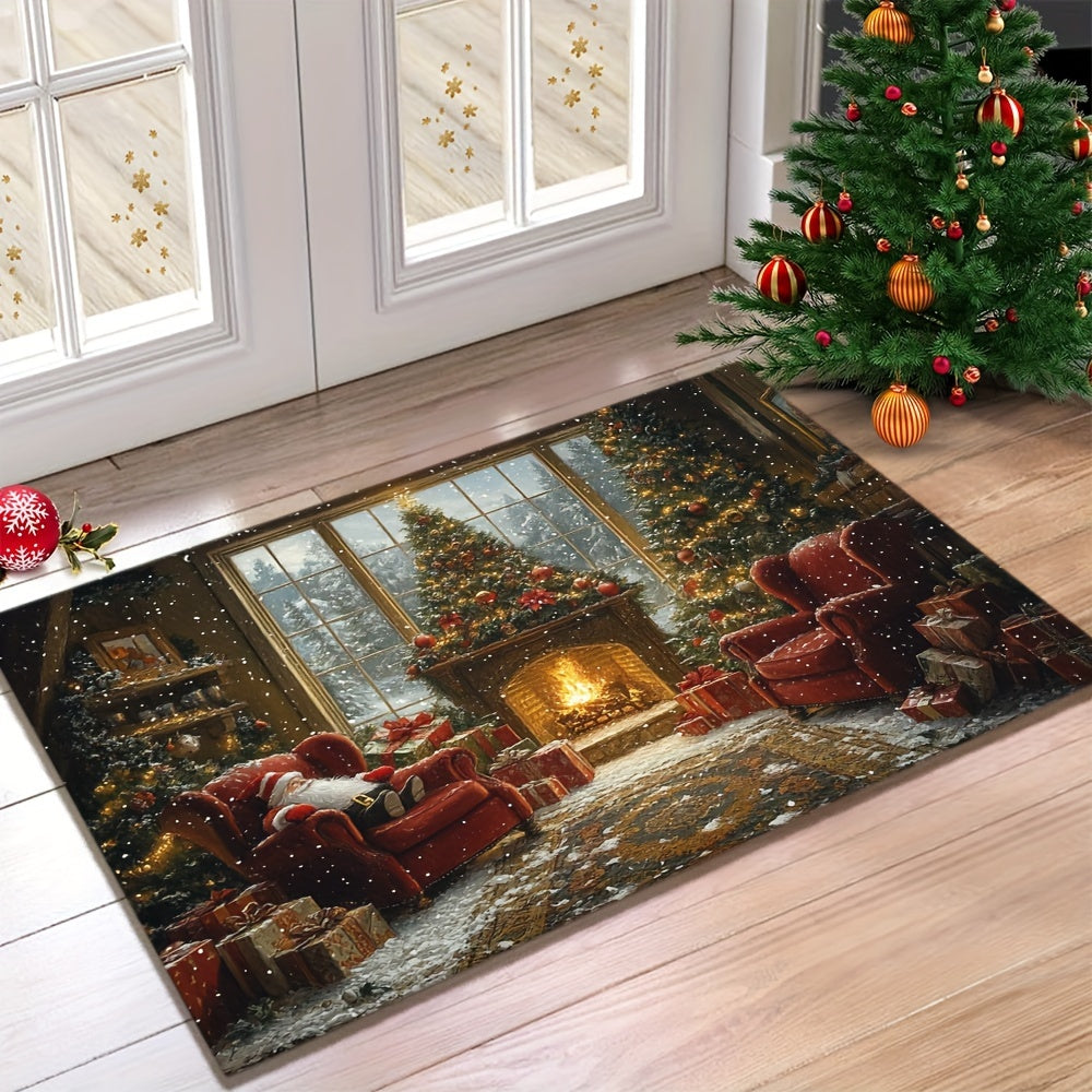 Non-Slip Christmas Doormat with Santa Fireplace Design Washable Polyester Rectangular Floor Mat
